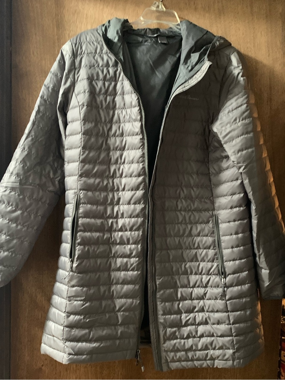 Eddie Bauer Women’s Gray Goose-Down Quilted Hooded Long Puffer Coat Parka